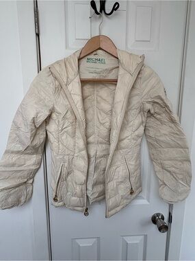 Michael Kors Cream Packable Down Jacket with Green Logo